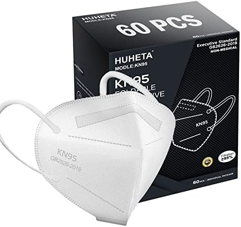 HUHETA KN95 Face Mask 60 Pack, 5-Ply Breathable & Comfortable Safety Mask, Filter Efficiency>=95%, Protective Cup Dust Masks Against PM2.5 - Individually Wrapped (White Mask)