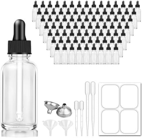 100 Pack, 1 oz Glass Dropper Bottle for Essential OIls, 30 ML Clear Empty Tincture Bottles with Dropper for Serum Hair Cuctile Body Oils Bulk for Storage