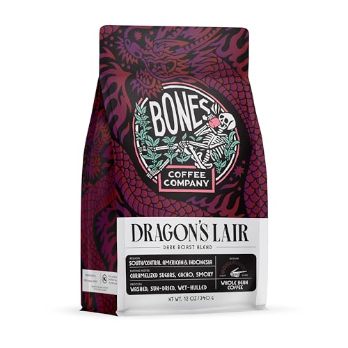 Bones Coffee Company Dragon's Lair Flavored Coffee Beans, Whole Bean Coffee Dark Roast Low Acid (12 oz)
