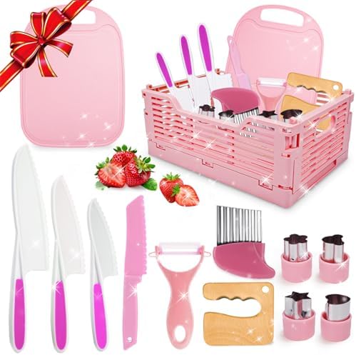 Kids Kitchen Knife Set for Real Cooking & Basket, Easter Basket Stuffers Gifts for Kids,Montessori Toys for 3 4 5 6 7 8 9 10 Year Old Girls Birthday Gifts, Toddler Knife Set, Toddler Kitchen Tools