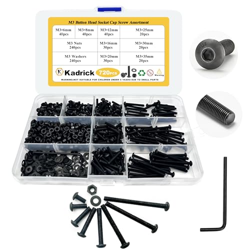 Kadrick 720 Pcs M3 Screws Nuts Washers Assortment M3x6MM-35MM, Hex Socket Button Head Metric M3 Machine Bolts Kit, 10.9 Grade Alloy Steel,Black Screws for 3D Printing