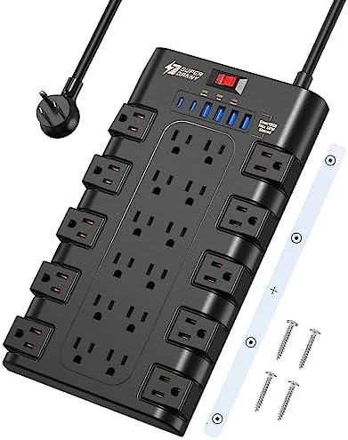 Surge Protector Power Strip, SUPERDANNY Charging Station 22 Outlets with 45W Type-C Fast Charging USB Ports, 4 USB-A, 2 USB-C, 2100J, 15A/1875W, 6.5Ft Flat Plug Extension Cord for Home Streaming Black