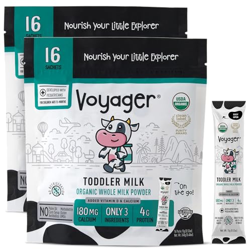 Voyager Toddler Milk On The Go, USDA Organic Shelf Stable Whole Milk Powder, Great for Travel, No Refrigeration, Gluten Free with No GMO's and No Antibiotics for Kids, 32 Sachets of 15g - 2 Pack