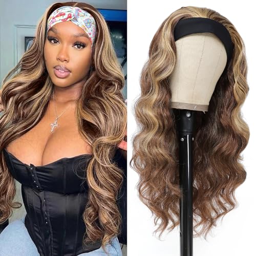 xccoco Glueless Headband Wigs for Black Women Brown Blonde Headband Wig Long Loose Curly Synthetic Wig 24inch 4/27 Highlight Honey Blonde Wig with Headband,200% Denisty