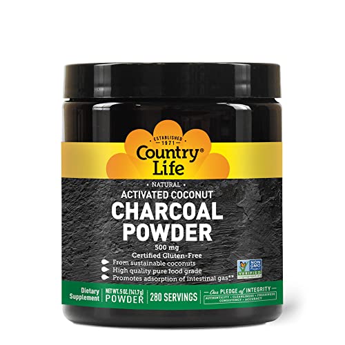 Country Life Activated Coconut Charcoal Powder, 500mg, 5 Ounces, 200 Servings, Certified Gluten Free, Certified Vegan, Non-GMO Verified