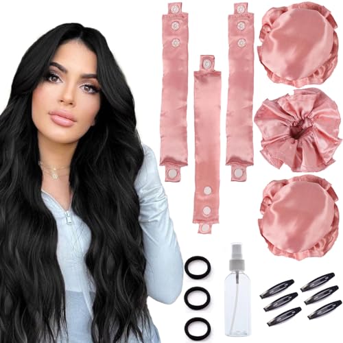 3 Sets Bun Bons Heatless Curls Satin Heatless Curling Set Overnight Curls Blowout Rods soft Hair Curlers to Sleep in with Bonnet Cap No Heat Silk Wrap Headband Roller SPink