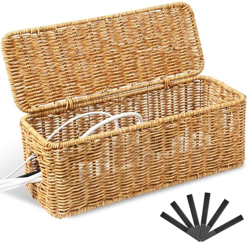Handmade Cable Management Box,Orapoke Rattan Cable Organizer,2 Open Slots Cords Hider Box, Under Desk Cord Organizer for TV Wire Computer Router & Power Strip,Desk Cable Management Box for Office,Home