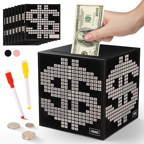 Primo Lines Piggy Bank for Adults,10k Savings Challenge Box, 4.72inch Money Saving Box 10,000 with Counter for Savings Goal $3000 $5000, Unbreakable Metal Cash Box with Money Target, Kakeibo Money Box