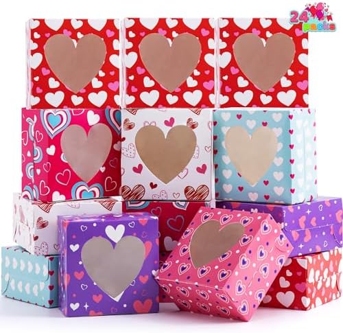 JOYIN 24pcs Valentine’s Day Bakery Treat Boxes Valentines Cup Cake Cookie Cardboard Boxes with with Heart PVC Window for Holiday Pastries,Wedding Doughnut