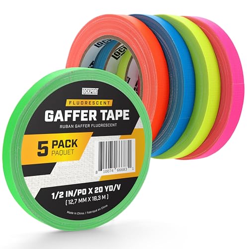 Lockport 5-Pack Multicolor Fluorescent Gaffers Tape - Spike Tape 1/2 Inch X 20 Yards - Multipurpose Bright Colors - Colored Neon Gaff - No Residue - Easy to Tear