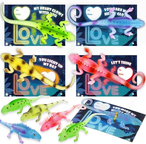 OCHIDO Valentines Cards for Kids Classroom,24 Pack Valentines Day Gift Cards with Glow in The Dark Lizards Toy ,Valentine Exchange Cards for School Class Prize,Bulk,Valentine Party Favor Toy for Kids