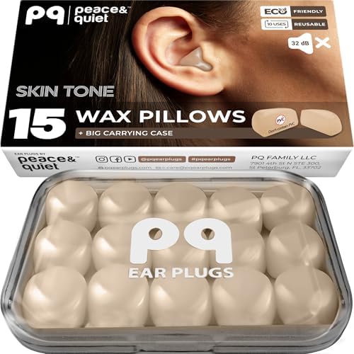 PQ Silicone Ear Plugs for Sleeping - 15 Wax Earplugs for Sleep and Swimming Ear Plugs, Soft Ear Covers for Sleeping and Water Ear Plugs, Wax Ear Plugs Noise Cancelling 32Db, (15 Pillows), Skin Tone