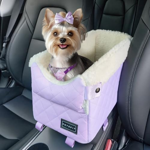 PETSFIT Cat Car Seat with Safe Protection Hooks, Center Console Dog Car Seat with Upgraded Safety Tethers, Washable Cushion, Dog Car Seats for Small Dogs Up to 9 Lbs (Purple)