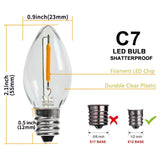 KGC 25Pack C7 LED Christmas Light Bulb, E12 Base Waterproof LED Bulbs for String Light, 0.6W 2200K Warm White 50LM, Clear Plastic Night Lights C7 LED Replacement Bulbs for Christmas String Lights.