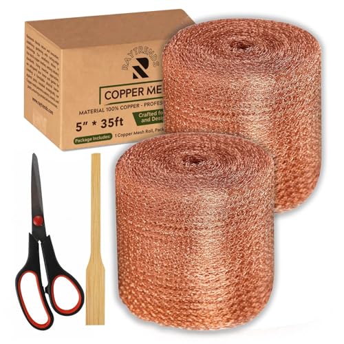 Pack of 2 Copper Mesh Rodent Control Kit, 5 Inch x 35ft Rustproof Copper Wool Blend, DIY Hole Filler, Complete with Precision Scissors and Packing Tool for Mice & Rodent Defense
