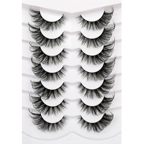 Poolunch False Eyelashes Fluffy Cat Eye Lashes 8D Wispy Natural Crossed Fake Eyelashes Multi-Layered Faux Mink Lashes 7 Pairs Pack