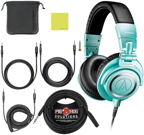 Audio Technica ATH-M50X Professional Studio Monitor Headphones Ice Blue Bundle w/Pig hog 25’ Extension Cable & Liquid Polishing Cloth with Detachable Cable
