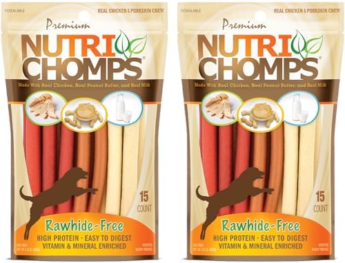 NutriChomps Dog Chews, 5-inch Twists, Easy to Digest, Rawhide-Free Dog Treats, 15 Count, Real Chicken, Peanut Butter and Milk Flavors, Bundle of 2, Brown, red, Cream (NT051V-2)