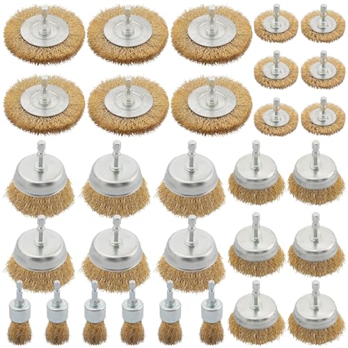 30 Pack Wire Brush Wheel for Drill, Brass Wire Brush for Drill, 1/4 Inch Hex Shank, Wire Brush Drill Bit, Wire Cup Brush for Rust Removal, Wire Brush Drill Attachments