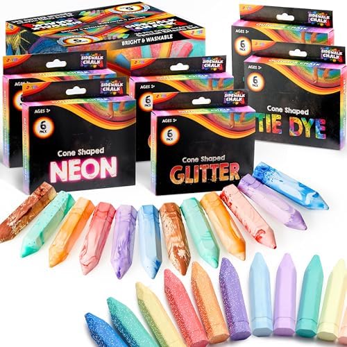 JOYIN 36 PCS Washable Sidewalk Chalks Set in 6 Packs, 18 Colors, Including 12 Tie Dye, 12 Glitter & 12 Neon Color Outdoor Chalks for Painting, Drawing, Gifts for Kids