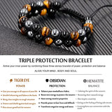 HASKARE Triple Protection Bracelet, Genuine Tigers Eye Black Obsidian and Hematite 8mm Beads Bracelet for Men Women, Crystal Jewelry Stone Bracelets Christmas Gifts for Men Bring Luck Prosperity