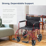 Drive Medical Bariatric Transport Chair FoldingOutdoorFull Length Arms with 12 Inches Rear Flat Free Wheels, Red, 22 Inches