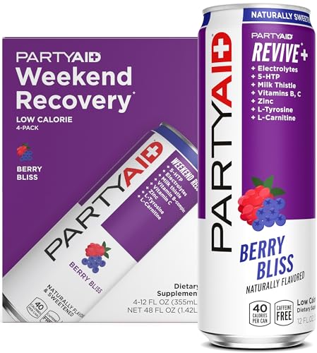 PARTYAID Rehab Blend, Feel Good Tonight and Tomorrow, Contains 5-HTP, B-Complex, Milk Thistle, Electrolytes, No Artificial Flavors or Sweeteners, Caffeine-Free, 12 Fl Oz (Pack of 4)