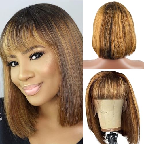 Rebasar 12 Inch Bob Wigs Human Hair With Bangs Straight Wigs Brazilian Virgin Hair Glueless Wear and Go Wig Ombre Blonde Highlight Short Bob Wigs for Black Women Human Hair 4/27#