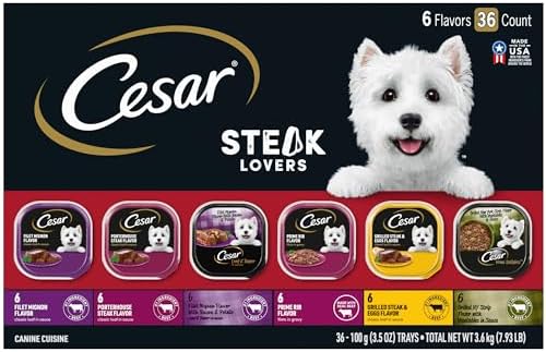 CESAR Adult Soft Wet Dog Food Steak Lovers Variety Pack with Real Meat, (36) 3.5 oz. Trays