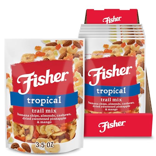 Fisher Snack Tropical Trail Mix, 3.5 Ounces (Pack of 6), Banana Chips, Almonds, Cashews, Dried Sweetened Pineapple and Mango, Resealable Pouches
