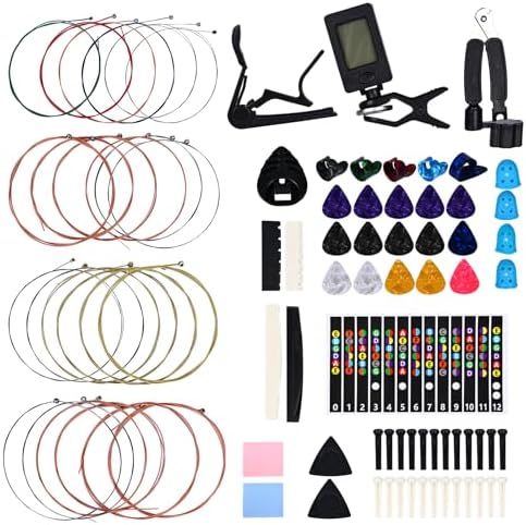 85PCS Guitar Accessories Kit, Include Acoustic Strings,Tuner,Capo,String Winder&Cutter,Picks,Bridge Pins,Nuts & Saddles,Finger Protector,Finger Picks,Fretboard Stickers for Guitar Players