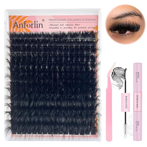 Fluffy Lash Clusters Kit 10-20mm Thick 200D Cluster Eyelash Extensions 224 Pcs D Curl Mega Volume Eyelash Clusters False Eyelashes with Lash Bond and Seal Lash Tweezers DIY at Home, by Anforlin