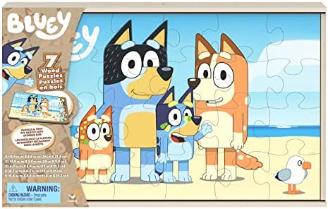Bluey, 7 Wood Puzzles Jigsaw Bundle 12-Piece 16-Piece 24-Piece Easy Cartoon Disney Jr. Show with Storage Tray, for Kids Ages 4 and up