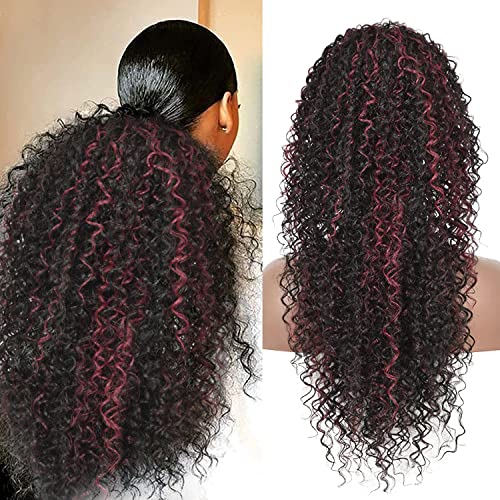 Youthfee 27” Drawstring Ponytail Deep Curly Heat Resistant Synthetic Instant Clip Ponytail Extension Protective Style Afro Kinky Curly Hair Pieces for Women