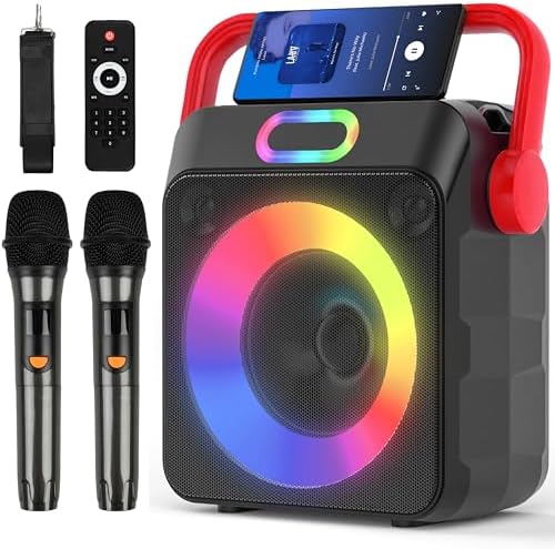 Karaoke Machine, Karaoke Machine for Adults & Kids with 2 Wireless Microphones, Portable Bluetooth Karaoke Speaker with Bass/Treble Adjustment, PA System, LED Lights, Supports TWS/USB/TF/REC/FM/AUX