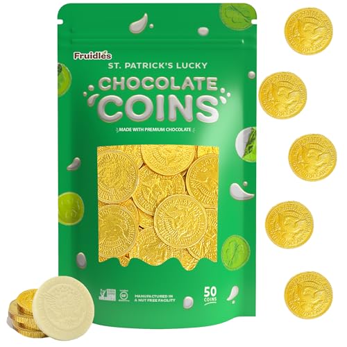 Fruidles St. Patrick's Day White Milk Chocolate, Half-Dollar Gold Foil Coins, Made with Premium Belgian Chocolate, Gluten-Free, Nut-Free, Kosher Certified Dairy (50 Coins)