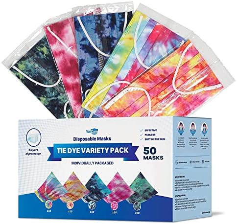 WECARE Disposable Face Mask Individually Wrapped - 50 Pack, Printed Masks - 3 Ply