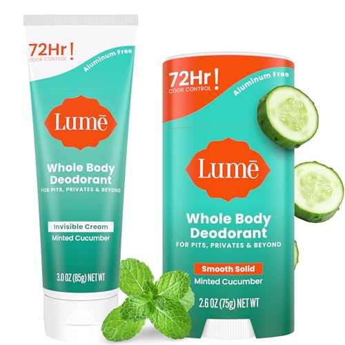 Lume Whole Body Deodorant - Invisible Cream and Solid - 72 Hour Odor Control - Aluminum Free, Baking Soda Free, Skin Safe - 3.0 Ounce Cream and 2.6 Ounce Solid Bundle (Minted Cucumber)
