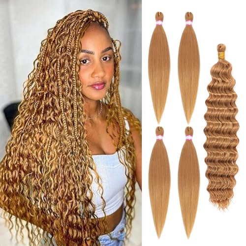 Dorsanee Honey Blonde Braiding Hair for Boho Braids 20 Inch 4 Packs Pre Stretched Braiding Hair and 18 Inch 1 Pack Deep Wave Crochet Boho Braids Synthetic Hair Extensions (27#)
