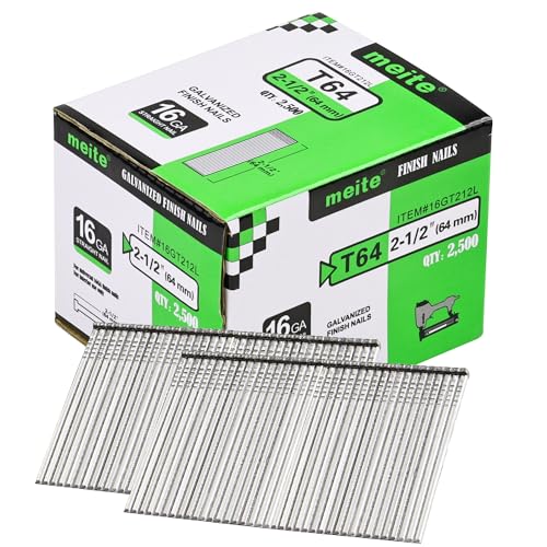 meite 16 Gauge Finish Nails, 2-1/2-Inch 16GA Straight Finish Nails Galvanized Finishing Nails for Electric or Pneumatic Nailer Guns (5 Boxes)