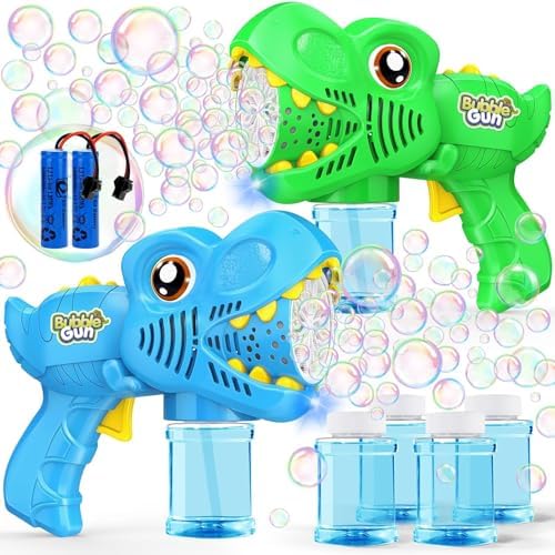 Kids Bubble Gun 2 Pack Dino Bubble Machine Gun for Toddlers with 4 Bubbles Solution Automatic 13-Hole Bubbles Blower Maker Bubbles for Kids Party Favors Stocking Stuffers Birthday Gift for Boys Girls