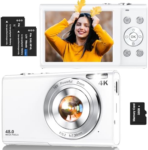 Digital Camera,Autofocus 4K Vlogging Camera for Photography with 32GB Card,48MP Portable Compact Point and Shoot Digital Camera for Teens Adult Beginner with 16X Zoom,Anti-Shake,2 Batteries(White)