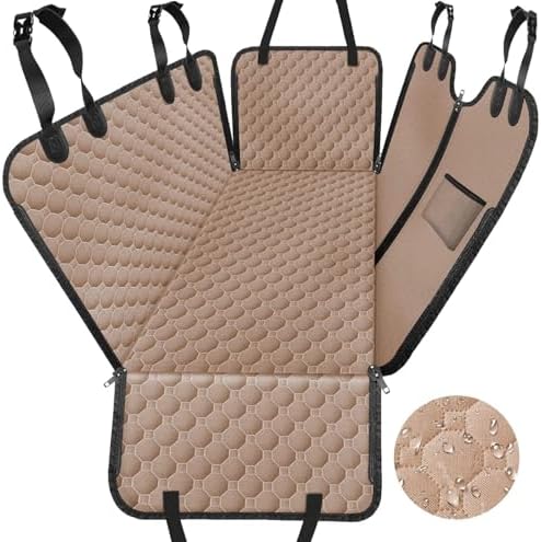 Mancro Dog Car Seat Cover for Back Seat, Waterproof Car Seat Protector for Dogs with Side Flaps, Scratchproof Dog Backseat Cover, Nonslip Dog Hammock for Sedans, SUVs, Standard, Khaki