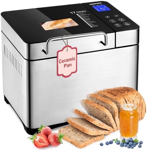 17-IN-1 All Stainless Steel Bread Maker, 2LB Bread Machine BPA-Free Non-Stick 5-Layer Superior Die-Cast Ceramic Pan, Auto Fruit Nut Dispenser, 2 Paddles & Full Touch Panel,15H Timer&Keep Warm, Recipes