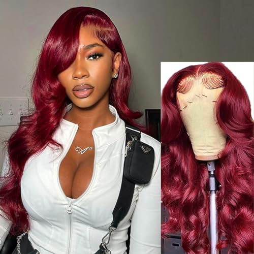 SWEETGIRL 99j Burgundy Lace Front Wigs Human Hair 26 Inch Body Wave 13x6 Lace Front Wigs Pre Plucked HD Lace Frontal Wigs Human Hair Red Wigs for Women 180 Density