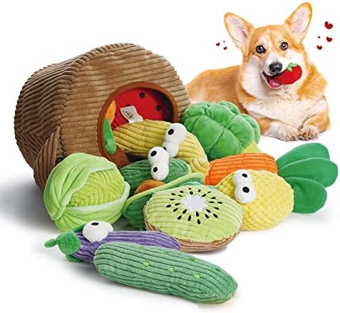 Nocciola Small Dog Toys- 15 Pack Grocery Bag Fruits and Veggies Dog Squeaky Toys, Small Puppy Toys to Keep Them Busy, Durable Plush Toys for Medium Dogs Aggressive Chewers, Cognitive Toys for Boredom