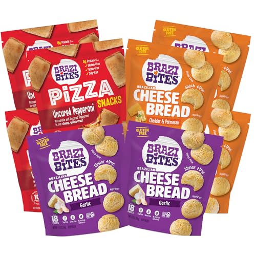 Brazi Bites Variety Pack | Brazilian Cheese Bread & Pizza Bites | Better-For-You Frozen Snacks I Gluten-Free I Grain-Free I Soy-Free | No Artificial Ingredients | No Preservatives (8-pack)