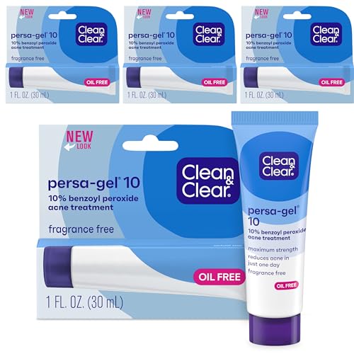 Clean & Clear PersaGel 10 Acne Medication Spot Treatment with Maximum Strength 10 Benzoyl Peroxide Topical Pimple Cream Acne Gel medication for Face Acne with Benzoyl Peroxide, 4 Count