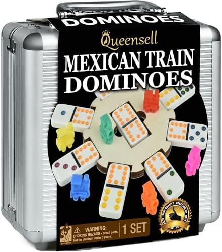 Queensell Mexican Train Dominoes Set with Wooden Hub, Domino Tile Board Games - Double 12 Dominos Set for Family Game Night for Adults and Kids Ages 8 and up (Double 12)