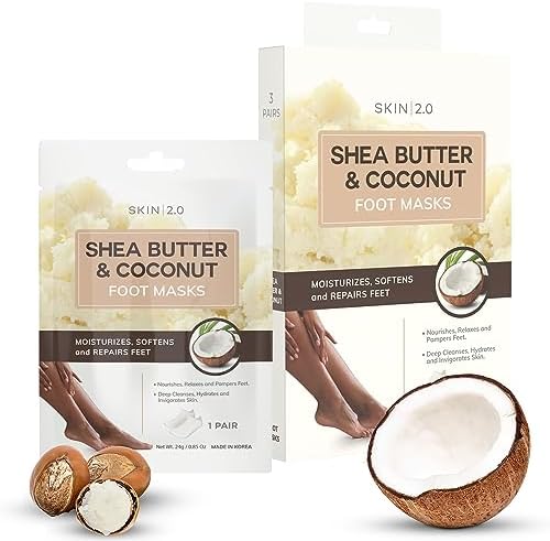 Shea Butter & Coconut Foot Masks - Softens Calluses, Treats Cracked Heels, Soothing & Hydrating - Dermatologist Tested Korean Skincare - Clean Beauty, Cruelty-Free, All Skin Types - 3 Pairs